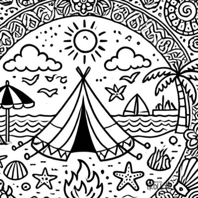 Mandala zum Ausdrucken Camping am Strand kostenloser Download
